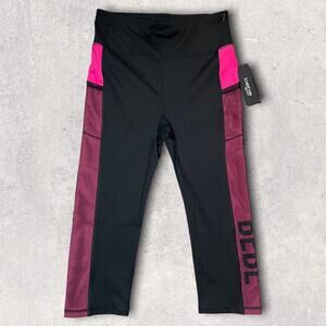 BEBE SPORT HIGH RISE CROP CAPRI ATHLETIC GYM LEGGINGS PINK BLACK PANTS XL